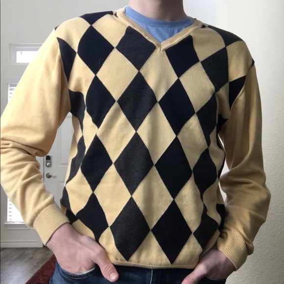 Yellow Sweater w/ Black Diamond Pattern - Picture 1 of 3